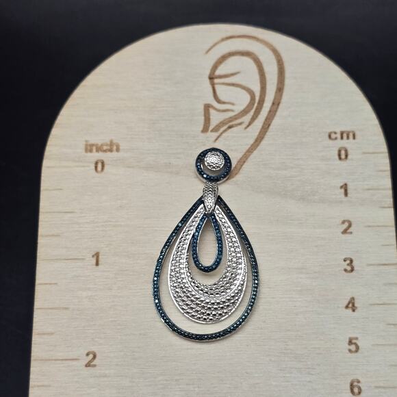 Diamond Chip Navy Blue Silver Tone Earrings SJ BR - Picture 2 of 8